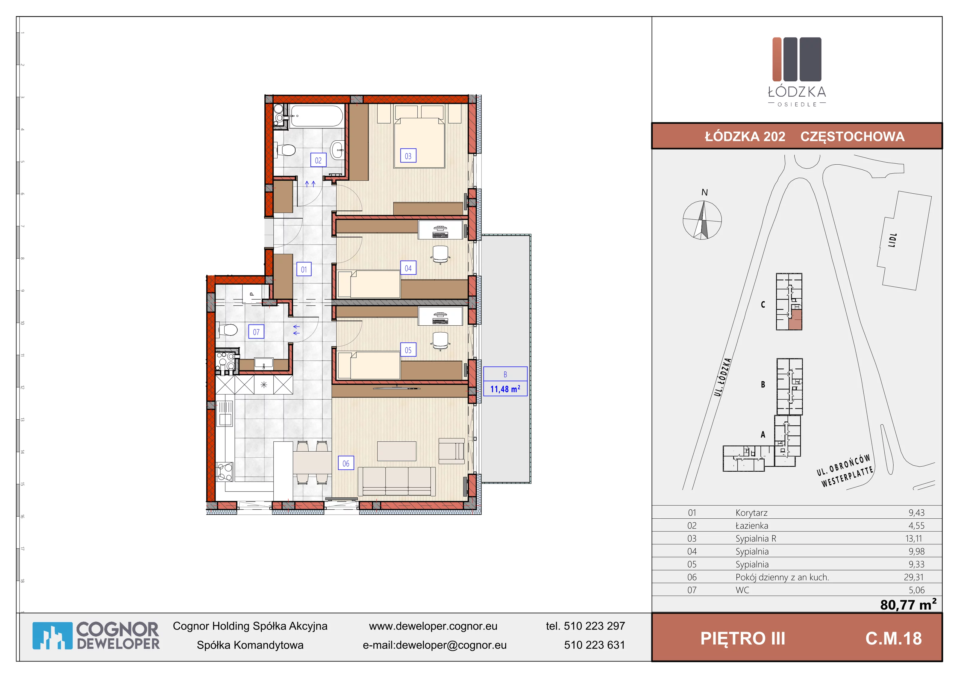 4 pokoje, mieszkanie 80,77 m², piętro 3, oferta nr C.M.18, Łódzka Osiedle, Częstochowa, Częstochówka-Parkitka, ul. Łódzka 198, 200, 202